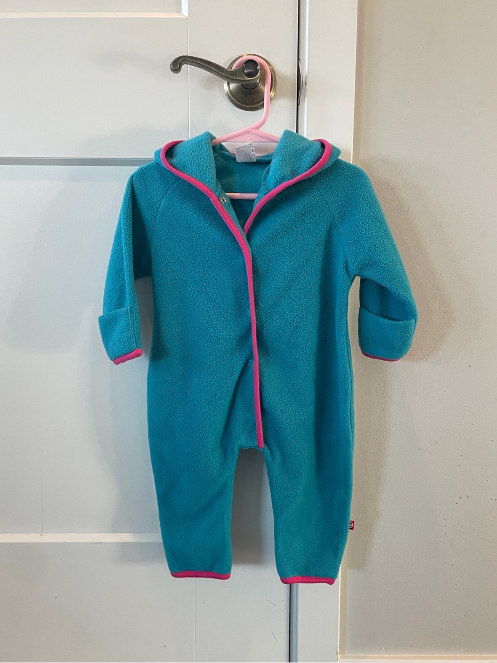 Zutano Teal Fleece Hooded One-Piece with Pink Trim